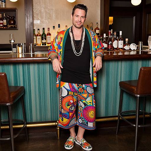 Man in Colorful Patterned Outfit Posed at Stylish Bar