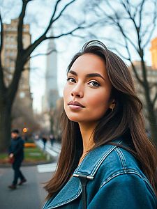 Confident Woman with Flowing Hair in Urban Setting