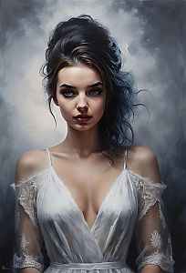 Elegant Woman in White Lace Dress Portrait Digital Painting