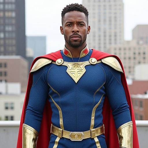 Man in Blue and Gold Superhero Costume with Red Cape in Urban Setting