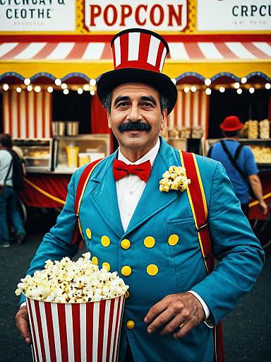 Man in Circus Popcorn Seller Costume Holding Bucket of Popcorn at Carnival