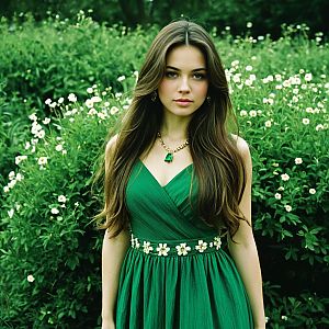 Elegant Woman in Emerald Green Dress with Floral Waistband and Green Jewelry