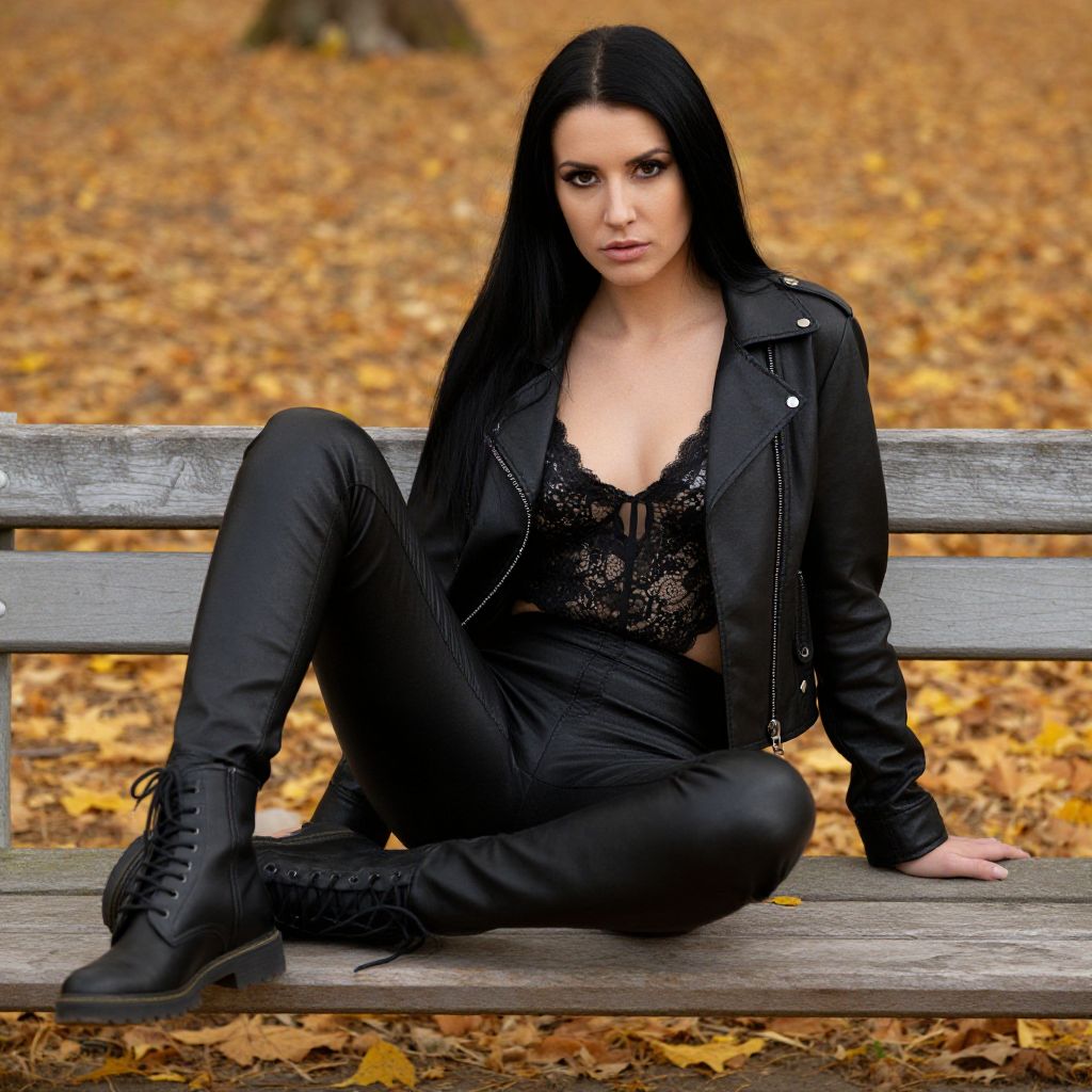Confident Woman in Black Leather Outfit Sitting on Autumn Bench