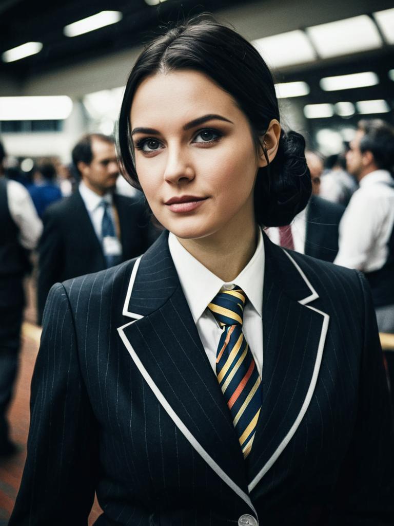 Woman in Formal Pinstripe Business Attire with Striped Tie at Professional Gathering