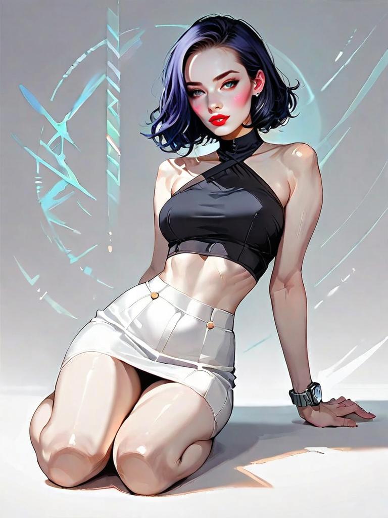 Chic Woman in Black Crop Top and White Skirt Realistic Comic Art