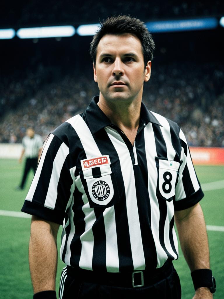 Photorealistic Portrait of Man in Referee Costume on Sports Field