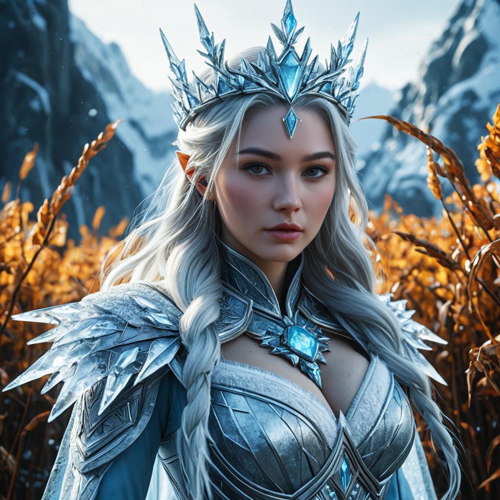 Fantasy Elf Queen in Silver Armor and Crystal Crown in Mountain Landscape