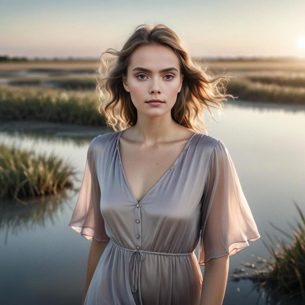 Young Woman in Flowing Dress at Sunset Marsh