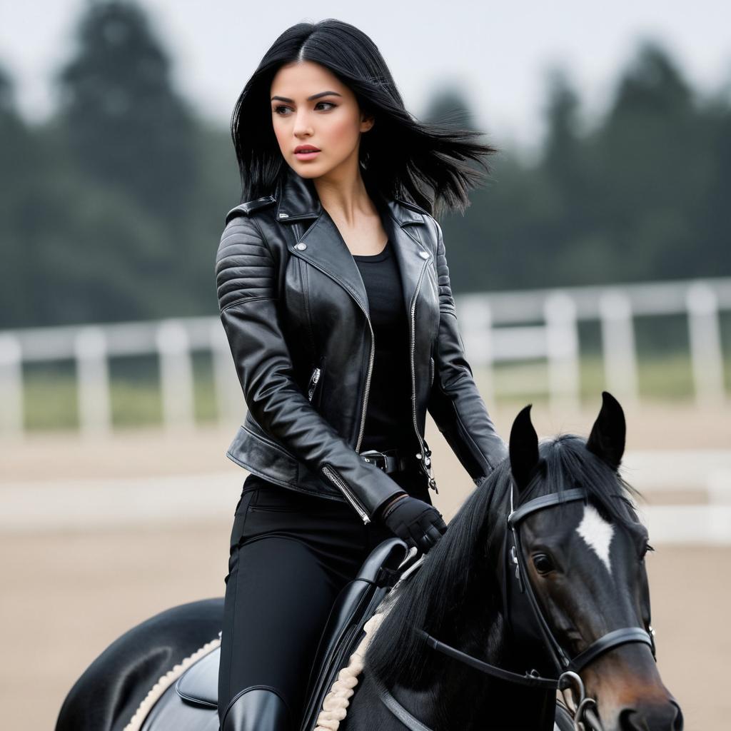 Confident Woman Riding Black Horse in Leather Jacket on Equestrian Track