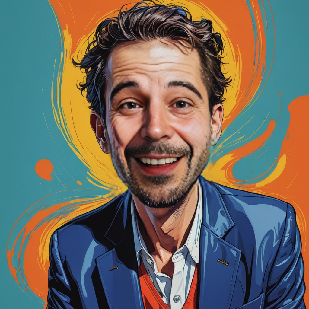 Smiling man, vibrant orange and blue background