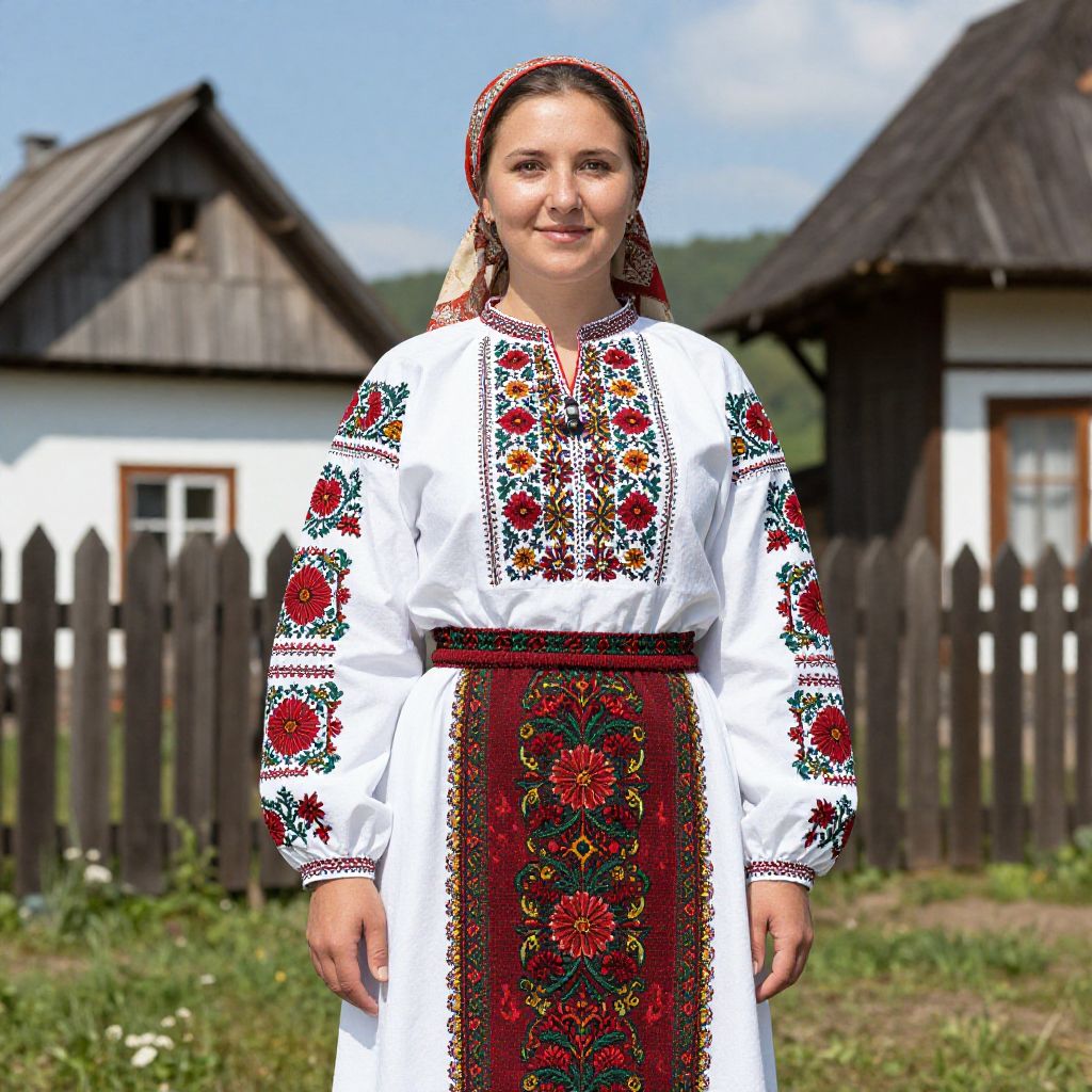 Traditional Eastern European Woman in Embroidered Folk Costume Outdoors