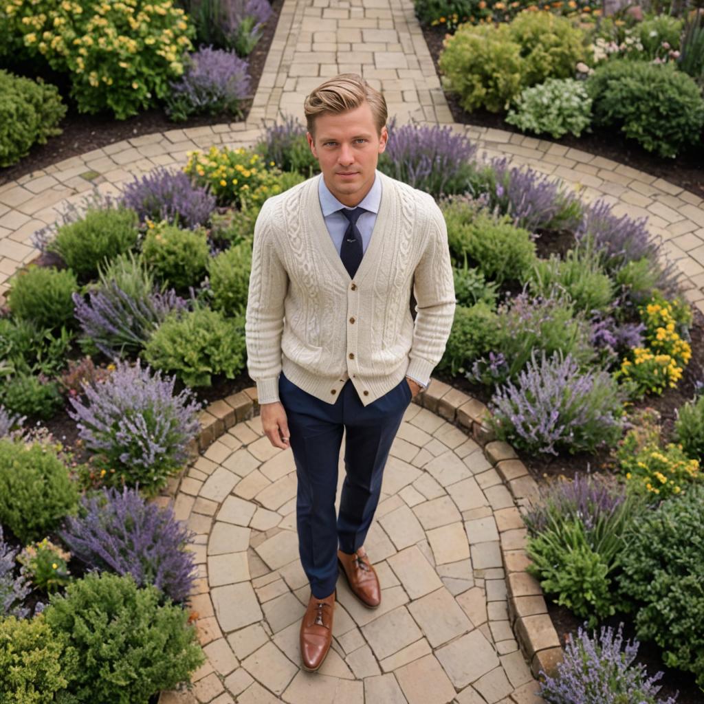 Man in White Cardigan Surrounded by Purple Flowers