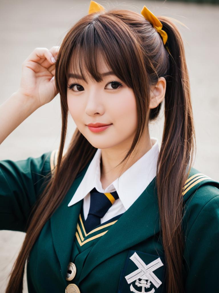 Young Woman in Japanese School Uniform with Twin Ponytails