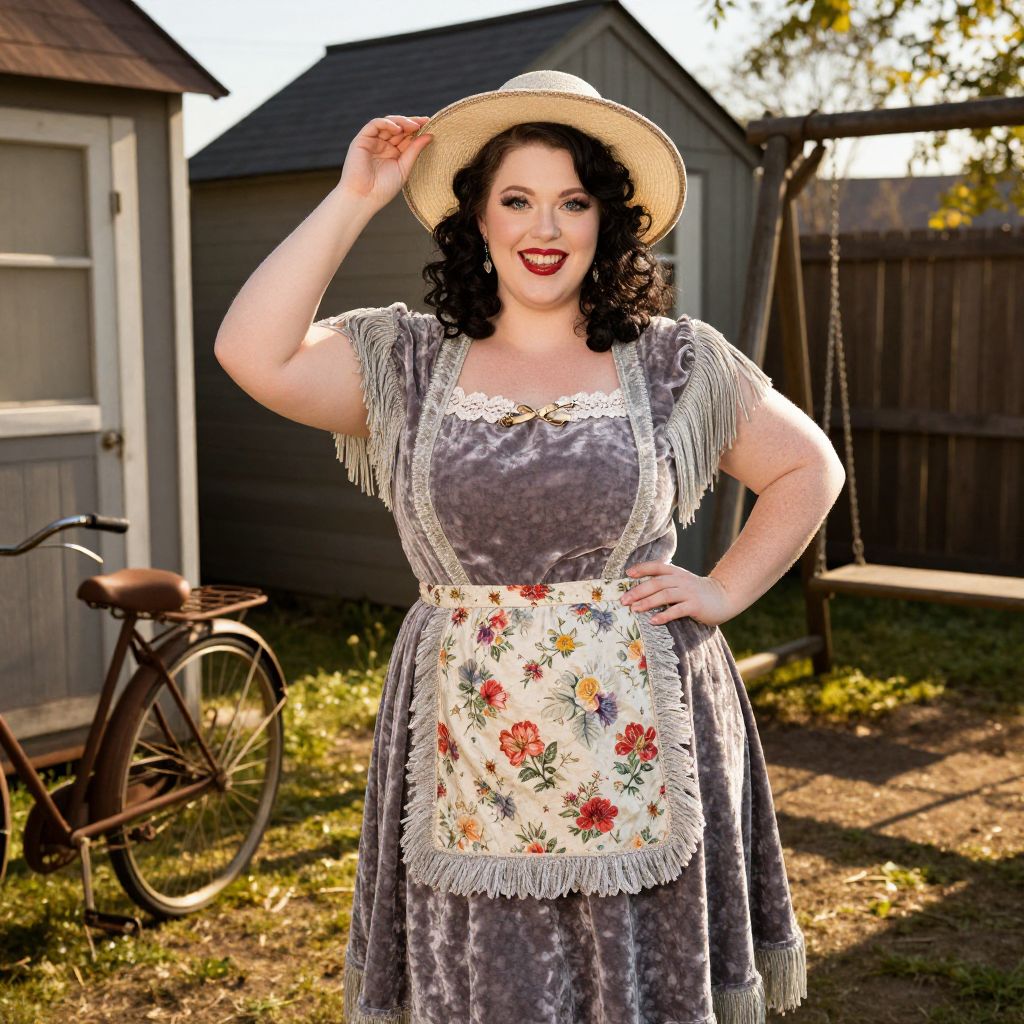 Vintage 1950s Woman in Floral Apron and Gray Velvet Dress Outdoors