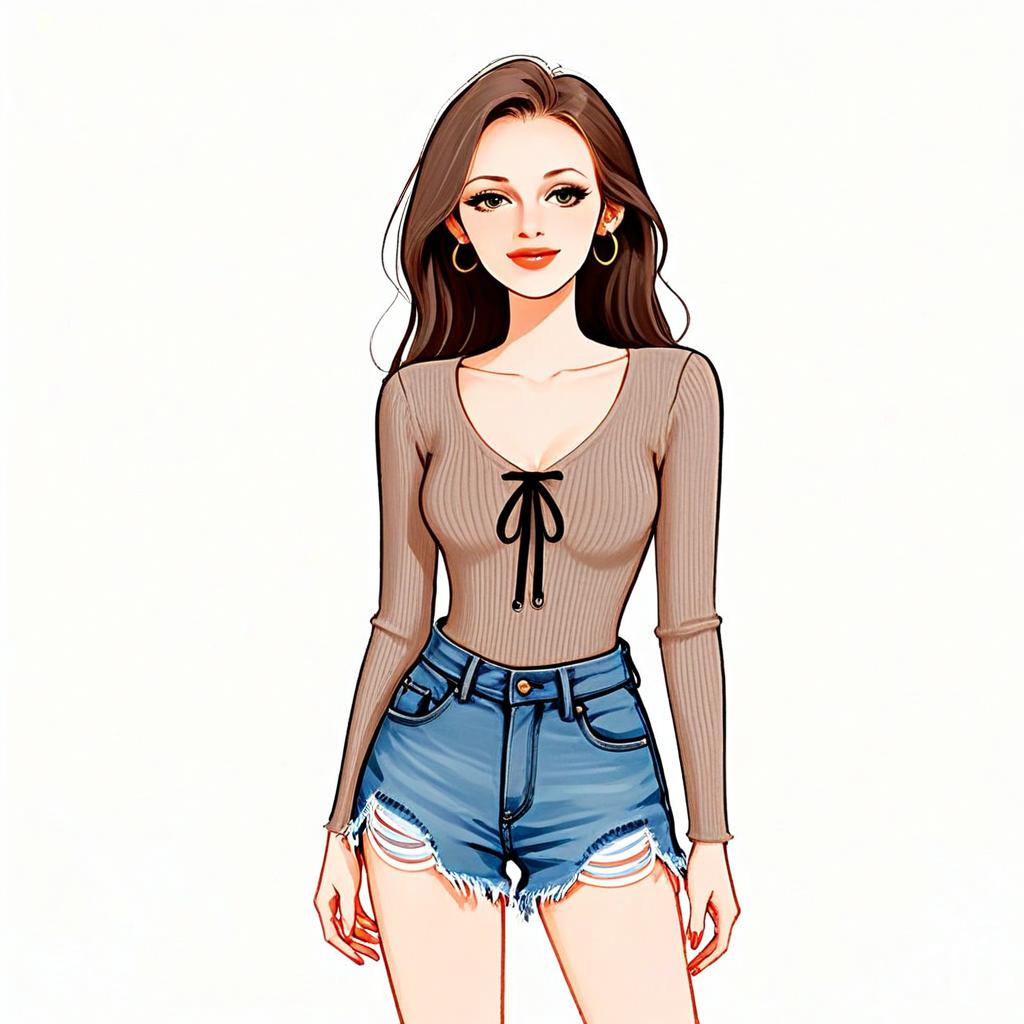Digital Illustration of Woman with Pretty Face and Stylish Casual Streetwear