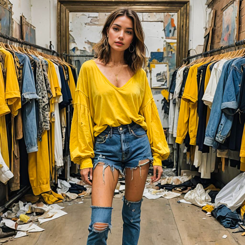 Young Woman in Yellow Top and Ripped Denim Shorts in Fashionable Urban Wardrobe
