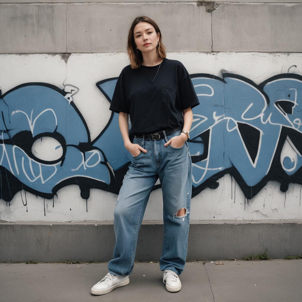 Young Woman in Casual Street Style Outfit Posing by Graffiti Wall