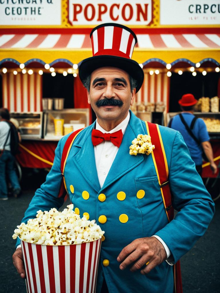 Man in Circus Popcorn Seller Costume Holding Bucket of Popcorn at Carnival