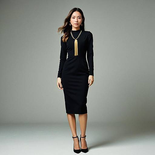 Elegant Woman in Fitted Black Midi Dress with High Neck and Long Sleeves