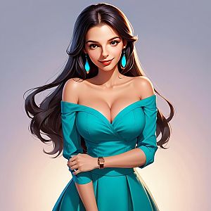 Elegant Woman in Teal Dress with Dark Hair