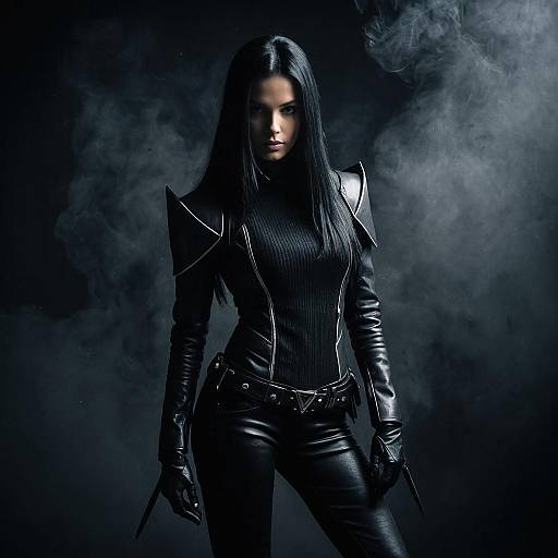 Futuristic Woman in Black Leather Cyberpunk Outfit with Smoke Background