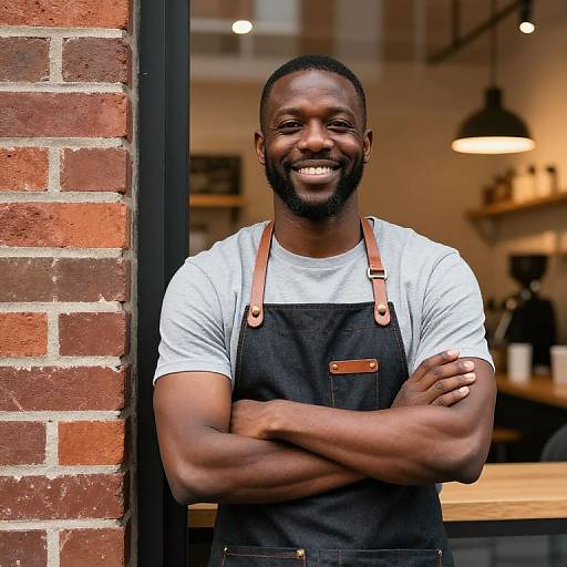 Smiling Man Wearing Apron in Cozy Café Interior