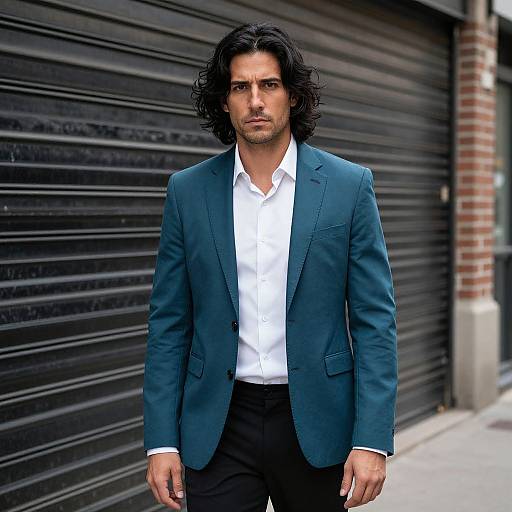 Confident Man in Teal Blazer Walking on Urban Street