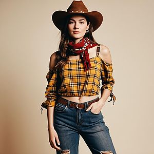 Stylish Woman in Modern Western Cowgirl Outfit with Yellow Plaid Top and Brown Hat