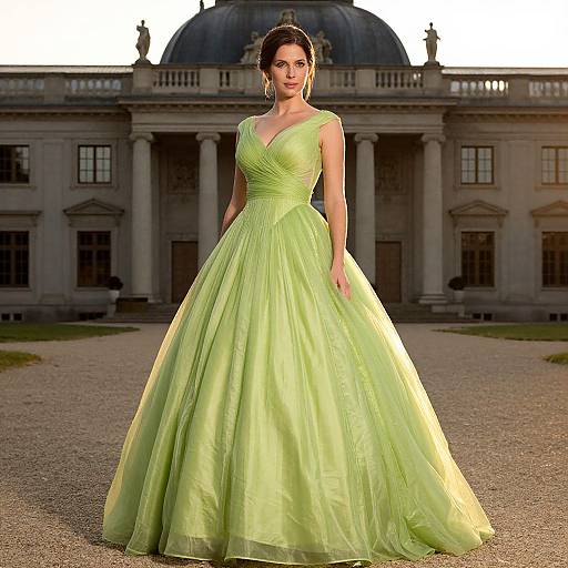 Elegant Woman in Lime Green Ball Gown in Front of Classical Building