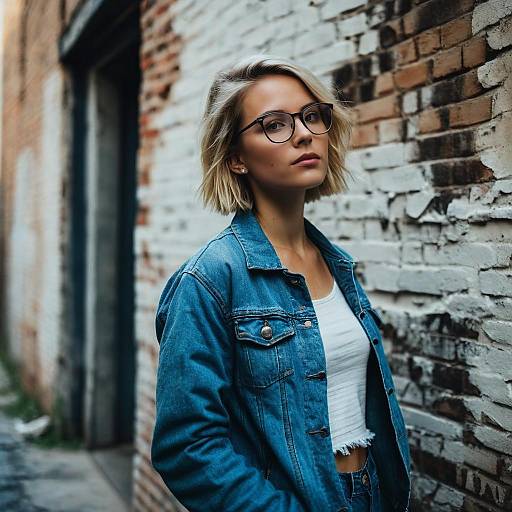 Young Woman in Denim Jacket and Glasses by Brick Wall Urban Style