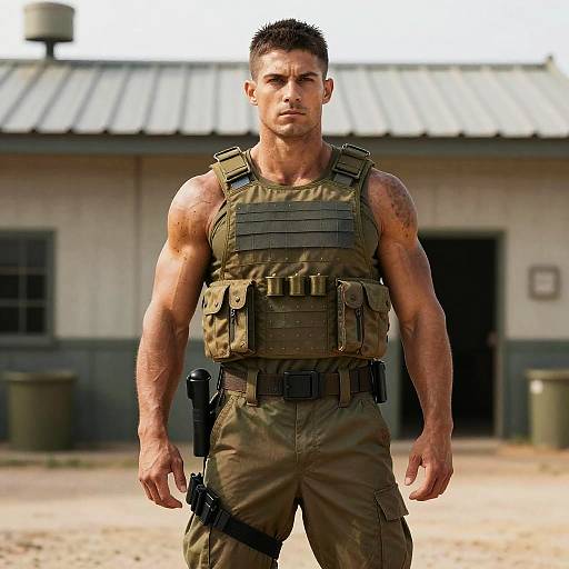 Muscular Man in Tactical Military Gear Standing Outdoors