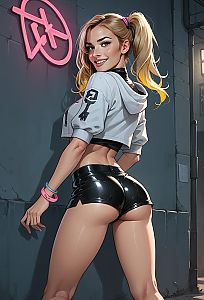 Confident Woman in Urban Alley with Neon Lights