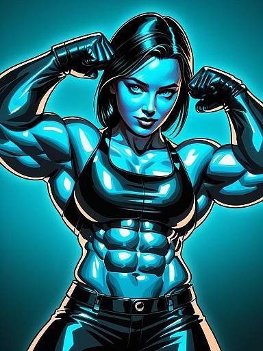 Muscular Woman Flexing Biceps Digital Illustration in Vibrant Comic Style
