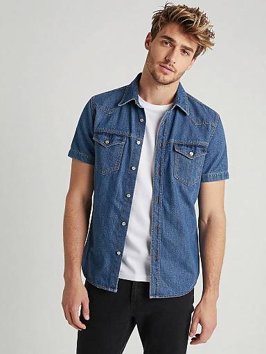 Casual Gen Z Style Man in Short-Sleeve Denim Shirt and White Tee