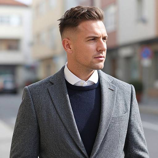 Stylish Young Man Wearing Grey Blazer and Navy Sweater in Urban Setting