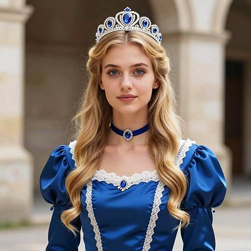 Young Woman in Royal Blue Renaissance Style Gown with Tiara and Gemstone Jewelry