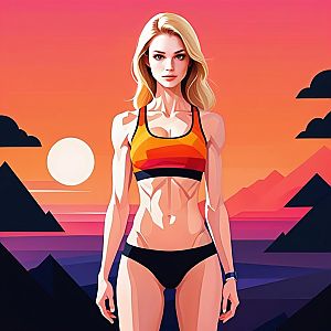 Fit Woman at Sunset with Geometric Mountains