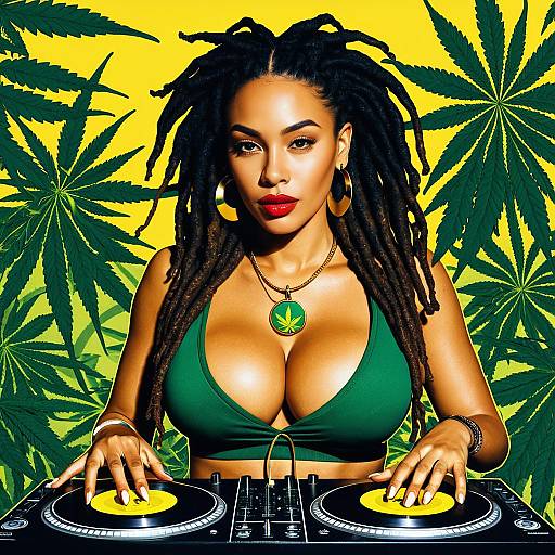 Woman DJ with Cannabis Leaf Necklace and Vibrant Background