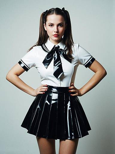 Woman in Detailed Photorealistic Latex Schoolgirl Costume Studio Portrait