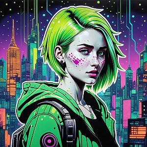 Young Woman with Green Hair in Cyberpunk City