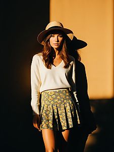 Casual Boho Woman in White V-Neck Sweater and Floral Skirt with Straw Hat