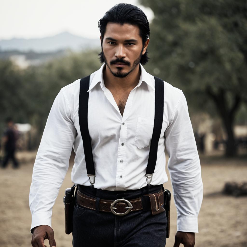 Man Wearing White Shirt with Black Suspenders and Leather Belt Inspired by Ezio Auditore Costume