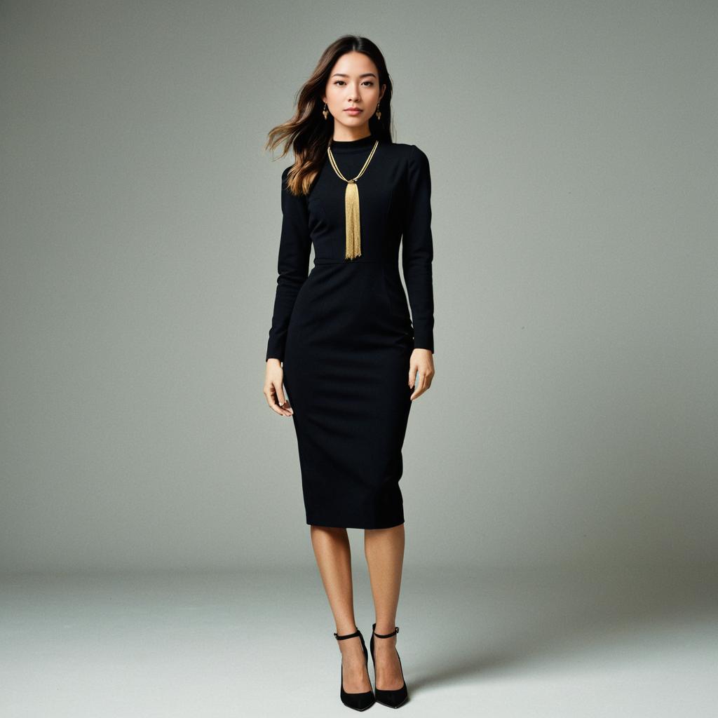 Elegant Woman in Fitted Black Midi Dress with High Neck and Long Sleeves