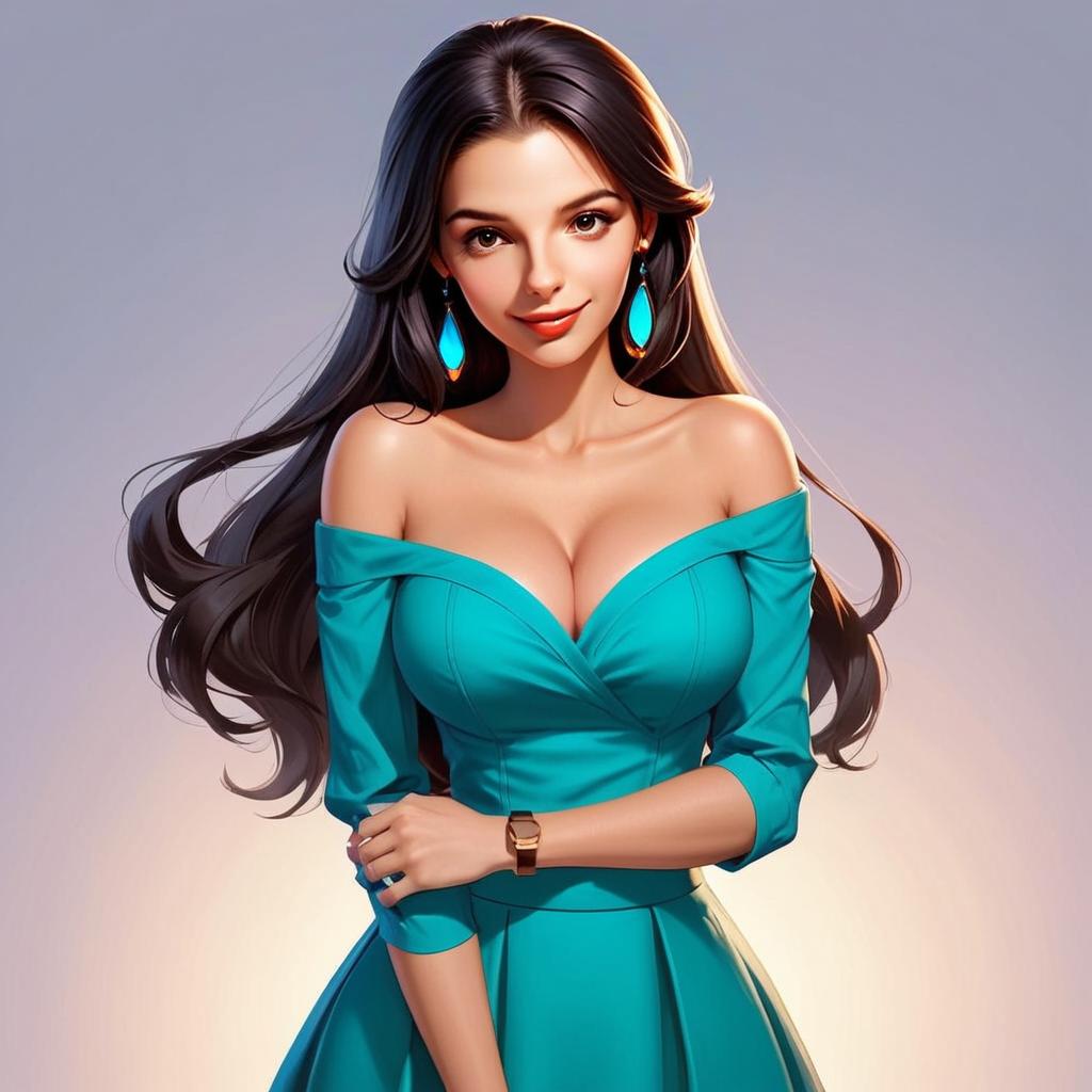 Elegant Woman in Teal Dress with Dark Hair