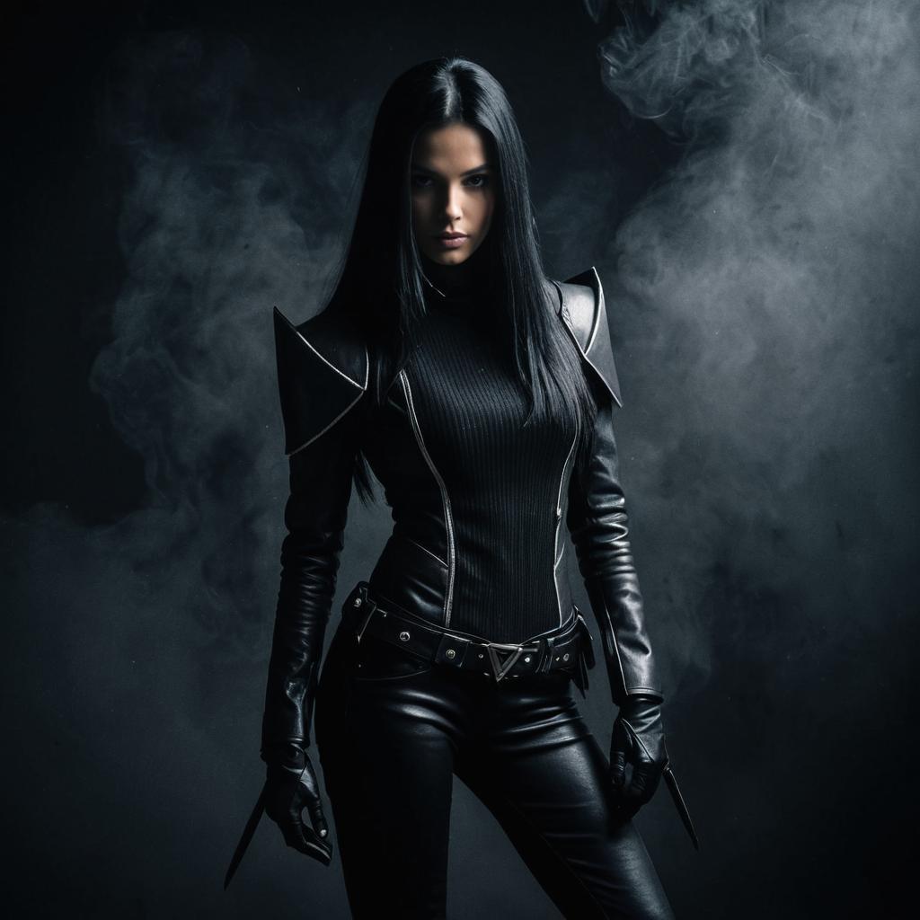 Futuristic Woman in Black Leather Cyberpunk Outfit with Smoke Background