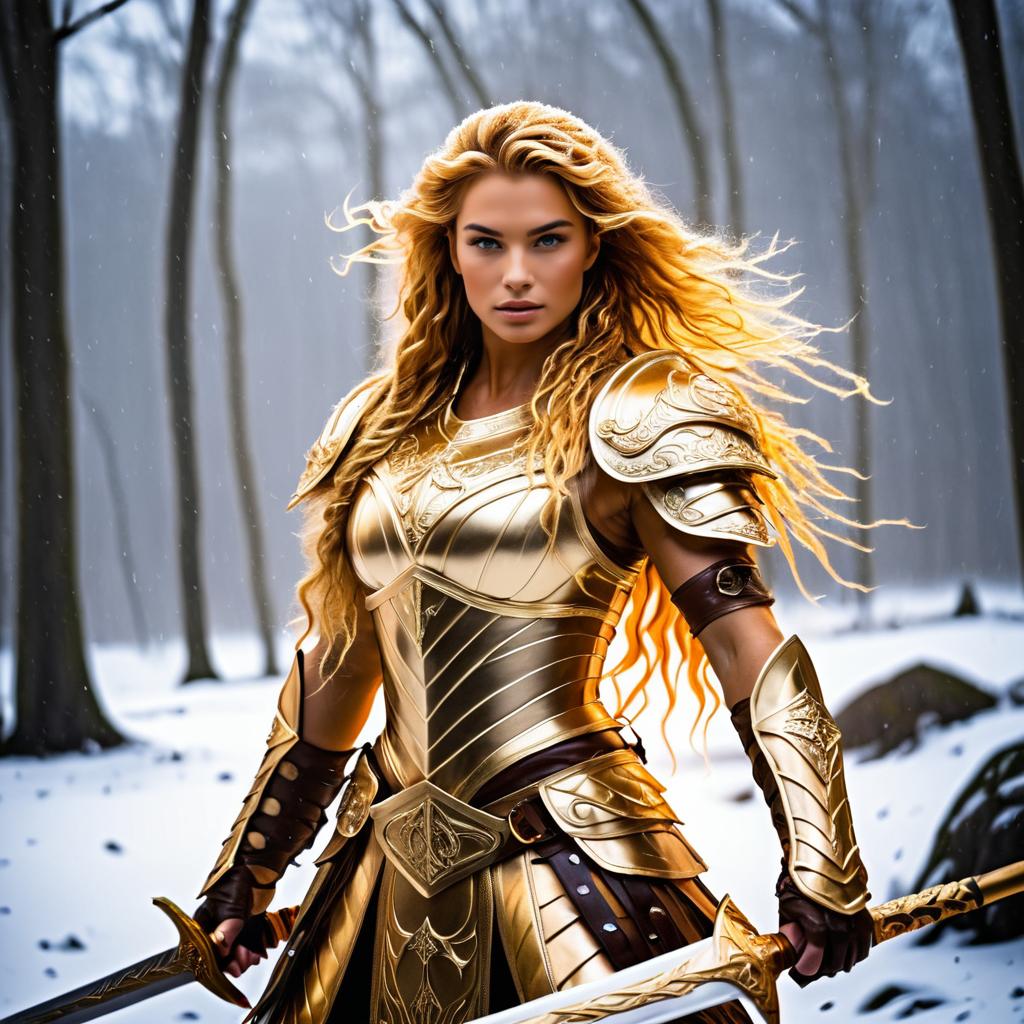 Warrior Woman in Golden Armor in Snowy Forest