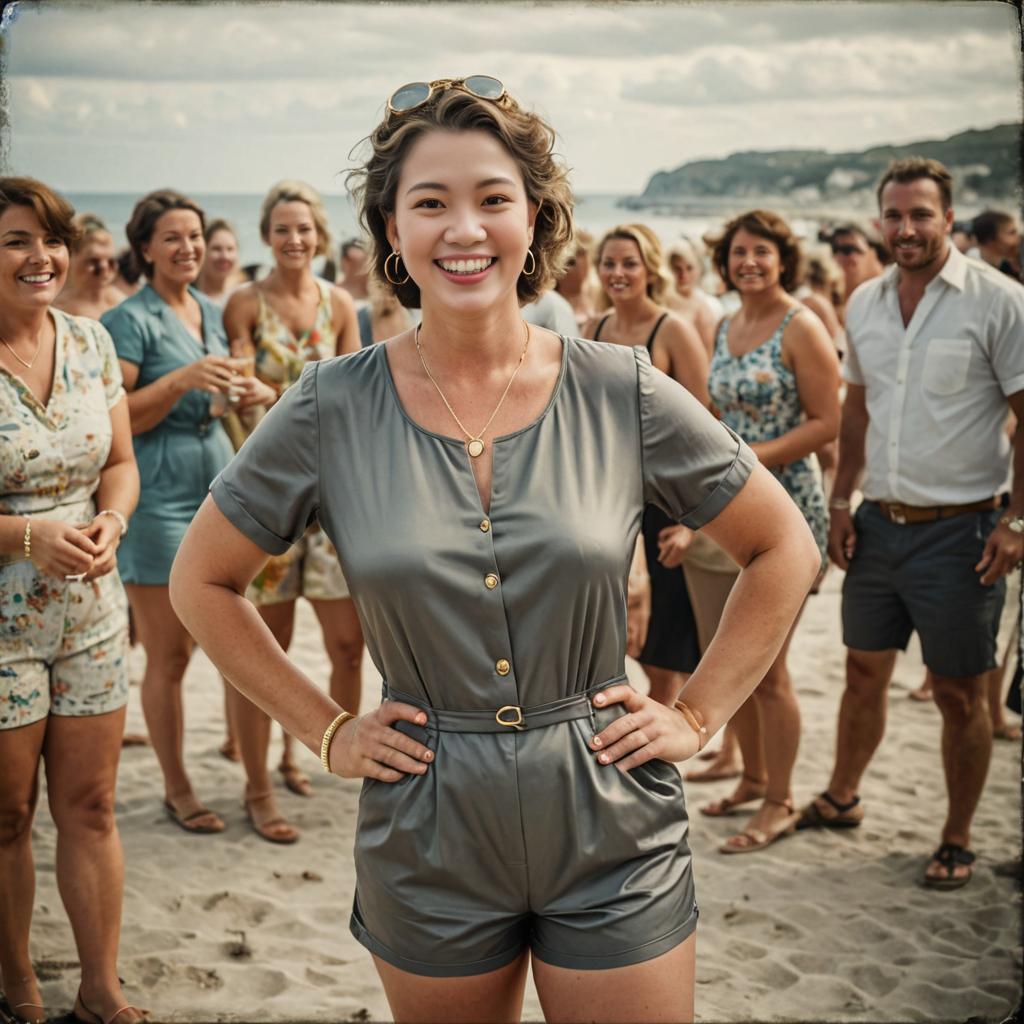 Cheerful Woman at Beach Gathering