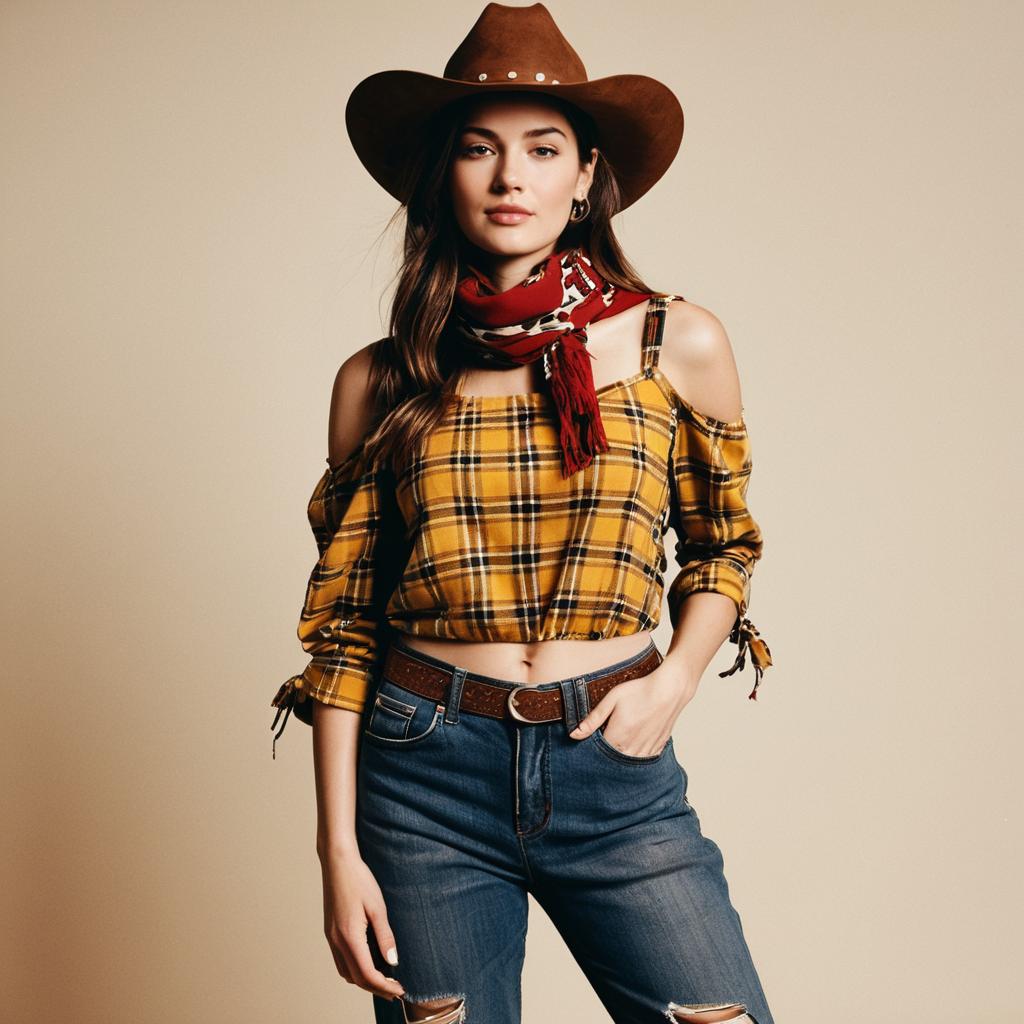 Stylish Woman in Modern Western Cowgirl Outfit with Yellow Plaid Top and Brown Hat