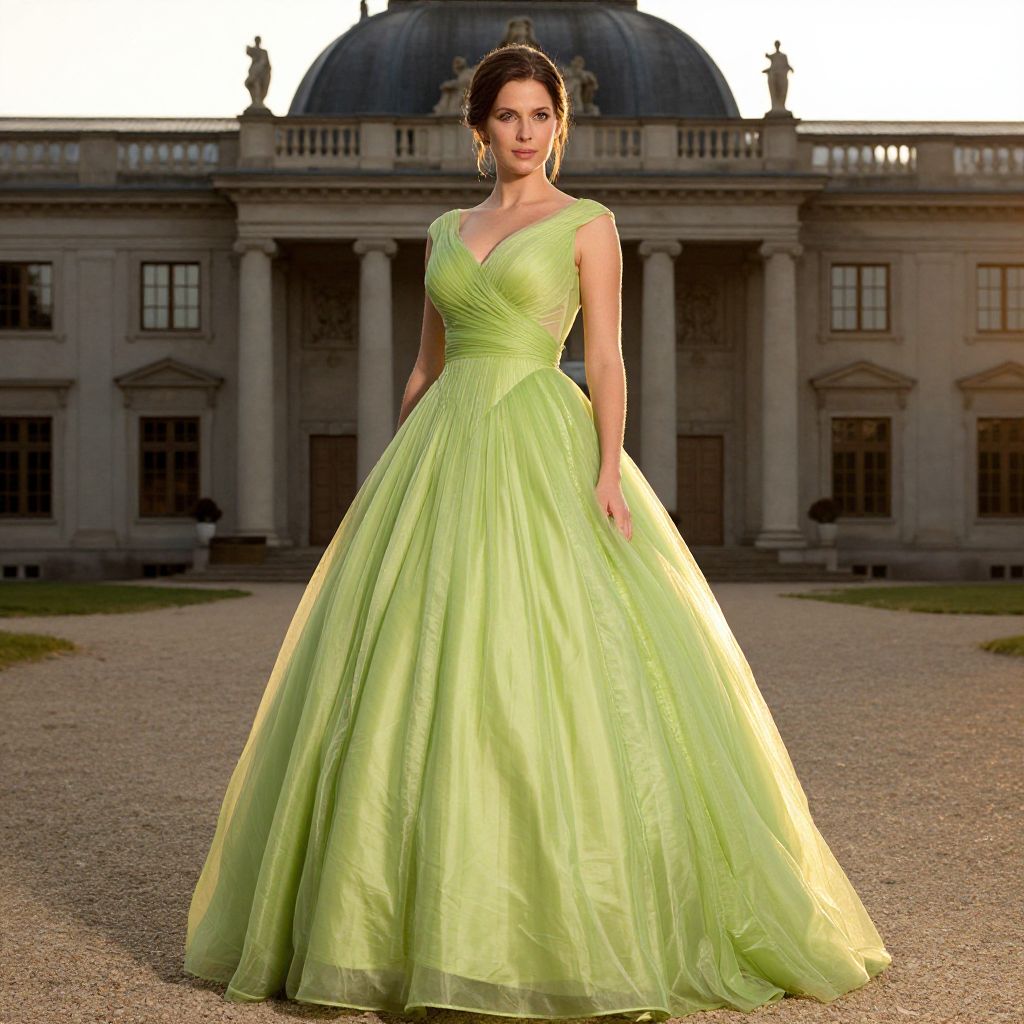 Elegant Woman in Lime Green Ball Gown in Front of Classical Building