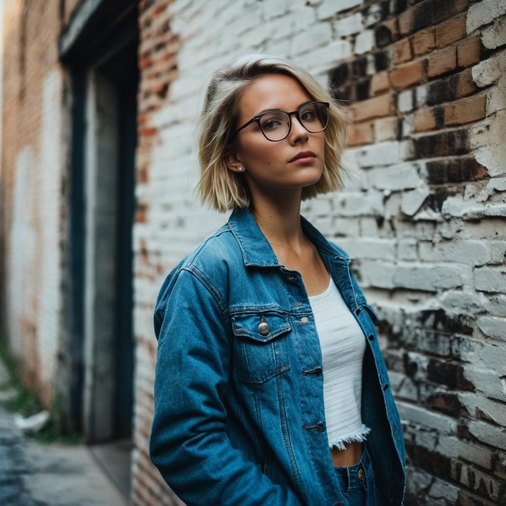 Young Woman in Denim Jacket and Glasses by Brick Wall Urban Style